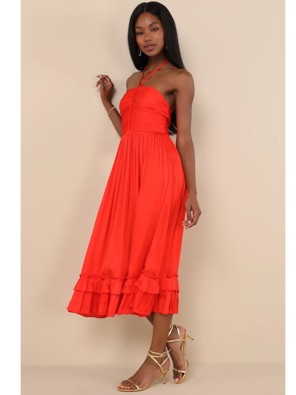 NWT Lulu’s Pleasing Chicness Red Satin Halter Tiered Midi Dress Small Party Chic - Picture 4 of 10